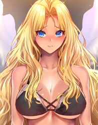  angel bare_shoulders bastard!! black_bra blonde_hair blue_eyes blush bra breasts cleavage dark_skin female genderswap_(mtf) looking_at_viewer michael_(bastard!!) nervous parted_bangs rule_63 tan underwear zucchini 