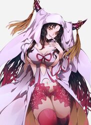  absurdres black_hair breasts cleavage facial_mark fate/extra fate/extra_ccc fate_(series) female finger_to_mouth fingernails forehead_mark gradient_hair highres horns large_breasts long_hair looking_at_viewer misshao_00 multicolored_hair navel panties pink_hair pink_legwear pink_panties revealing_clothes sesshouin_kiara sideboob simple_background smile solo tassel thigh_gap thighhighs underwear veil white_background yellow_eyes 