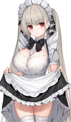  alternate_costume azur_lane between_breasts blush bra bra_visible_through_clothes breasts cleavage clothes_lift dress enmaided female formidable_(azur_lane) frills grey_hair hair_ribbon large_breasts long_hair looking_at_viewer maid red_eyes ribbon see-through see-through_dress skirt skirt_lift smile solaris_(sinhyg) solo thighhighs twintails underwear very_long_hair white_thighhighs 