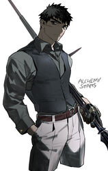  1boy alchemy_stars black_gloves black_hair black_vest collared_shirt cropped_legs gloves grey_shirt holding holding_polearm holding_weapon long_sleeves looking_at_viewer male_focus pants pittman_(alchemy_stars) polearm scar scar_on_cheek scar_on_face shirt shirt_tucked_in shishio_(shishio5431) short_hair solo thick_eyebrows vest weapon white_background white_pants 