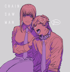  1boy animal_collar bad_id bad_twitter_id black_necktie black_pants braid braided_ponytail breasts business_suit chainsaw_man collar collared_shirt denji_(chainsaw_man) female femdom formal hair_between_eyes hand_on_another&#039;s_head hand_on_another&#039;s_shoulder highres kanikan_22 light_smile long_hair long_sleeves looking_at_viewer makima_(chainsaw_man) medium_breasts necktie office_lady pants ringed_eyes sharp_teeth shirt shirt_tucked_in short_hair sitting slave sleeves_pushed_up sleeves_rolled_up smile straight suit taking_picture teeth thick_thighs thighs tongue tongue_out white_shirt 