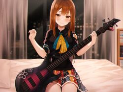  bass_guitar bed blush book bookshelf brown_eyes brown_hair closed_mouth crop_top curtains female haneiro highres holding instrument long_hair looking_at_viewer original pillow short_sleeves skirt smile solo thighs 