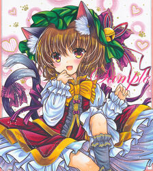  :d animal_ear_fluff animal_ear_piercing animal_ears black_tail bow bowtie brown_hair cat_ears cat_tail chen cowboy_shot dress female frilled_bowtie frilled_sleeves frills green_hat grey_legwear hat hat_bell hat_ribbon heart heart_background jewelry long_sleeves looking_at_viewer marker_(medium) mob_cap multiple_tails oerba_yun_fang open_mouth paw_print paw_print_background purple_ribbon red_dress red_eyes red_ribbon ribbon rui_(sugar3) sample_watermark shirt short_hair skin_fang smile solo tail touhou traditional_media two_tails watermark white_shirt yellow_bow yellow_bowtie 