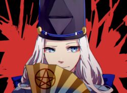  1boy abe_no_seimei_(onmyoji) black_background black_hat blue_eyes closed_mouth commentary_request eyeshadow hand_fan hat highres long_hair looking_to_the_side makeup male_focus onmyoji portrait red_background solo tate_eboshi tiyi_(tiyi_a09) two-tone_background white_hair 