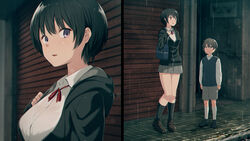  1boy age_difference bag black_footwear black_hair black_jacket black_legwear bob_cut brown_footwear brown_hair close-up collared_shirt commentary_request dress_shirt female full_body garage grey_shorts hair_between_eyes highres jacket kemuri_haku kneehighs loafers long_sleeves looking_at_another looking_at_viewer looking_up multiple_views neck_ribbon onee-shota open_mouth original outdoors overhead_door purple_eyes rain red_ribbon ribbon school_uniform shirt shoes short_hair shorts shoulder_bag sidewalk socks straight sweater_vest white_shirt white_socks 