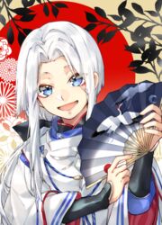  1boy abe_no_seimei_(onmyoji) aged_down blue_eyes commentary_request hand_fan holding holding_fan japanese_clothes long_hair long_sleeves looking_at_viewer male_focus onmyoji open_mouth solo tiyi_(tiyi_a09) white_hair 