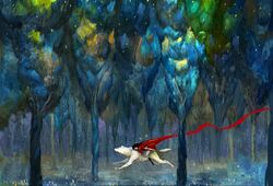  animal arrow_(projectile) black_footwear black_hair female flower forest injury little_red_riding_hood long_hair nature outdoors running scabbard sheath sheathed tahra tree weapon white_wolf wolf 