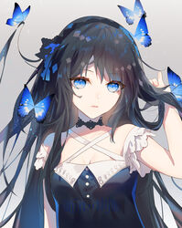  animal bad_id bad_pixiv_id bare_shoulders black_dress black_hair blue_butterfly blue_eyes blush breasts bug butterfly chinese_commentary cleavage collarbone commentary_request criss-cross_halter dress female fre_(haochilanzuo) grey_background halterneck hand_up highres long_hair looking_at_viewer original parted_lips sleeveless sleeveless_dress small_breasts solo upper_body 