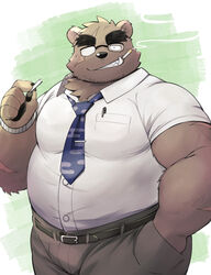  2022 anthro bear belly black_nose bottomwear brown_body clothing eyewear glasses gouki_(the_spicy_ninja_scrolls) kemono kinoshita-jiroh male mammal mature_male necktie overweight overweight_male pants scar shirt smoking solo the_spicy_ninja_scrolls topwear 