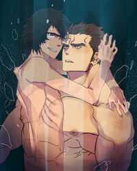  2boys abs akihiro_altland arms_around_neck bara blush brothers completely_nude gundam gundam_tekketsu_no_orphans highres hug kijima_hyogo large_pectorals long_sideburns male_focus masahiro_altland multiple_boys muscular muscular_male nipples nude pectorals see-through short_hair siblings sideburns skinny stomach tears upper_body 