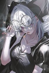  absurdres breasts cigarette cleavage collarbone crop_top female glasses highres hood hoodie large_breasts long_hair nail_polish noubin original rain smoke smoking solo wet white_hair 