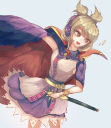  :d absurdres arm_up blue_background bracelet breasts brown_eyes cape commentary_request dutch_angle earmuffs feet_out_of_frame female gold_trim highres holding holding_sword holding_weapon jewelry light_brown_hair looking_to_the_side nanaironokabi open_mouth outstretched_arm petticoat pointy_hair purple_cape purple_skirt red_cape sheath sheathed shirt short_hair simple_background skirt sleeveless sleeveless_shirt small_breasts smile solo sparkle standing swept_bangs sword touhou toyosatomimi_no_miko twisted_torso weapon white_shirt 