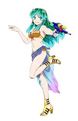  aqua_eyes aqua_nails bare_arms bikini blue_hair commentary_request feet female floating_hair front-tie_bikini_top front-tie_top full_body gradient_hair green_hair grin hatorion highres holding holding_water_gun legs long_hair looking_at_viewer lum multi-strapped_bikini multicolored_hair nail_polish navel pointy_ears sandals sarong side-tie_bikini_bottom simple_background smile solo standing standing_on_one_leg strappy_heels swimsuit toenail_polish toenails toes urusei_yatsura very_long_hair water_gun white_background yellow_bikini yellow_footwear 