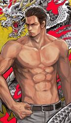  1boy 2021 abs aomi_nekosuki belt birthday black_hair clenched_hand dragon dragon_horns eastern_dragon facial_hair goatee grey_pants hair_slicked_back happy_birthday highres horns kiryu_kazuma male_focus manly nipples pants pectorals ryuu_ga_gotoku_(series) scales spiked_hair topless_male yellow_background 