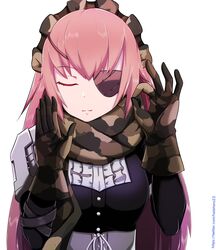  armor black_shirt camouflage_gloves closed_eyes closed_mouth commentary_request cz2128_delta dress_shirt eyepatch facing_viewer female hh_101 highres long_hair long_sleeves maid_headdress meme overlord_(maruyama) pacha_(meme) pink_hair shirt shoulder_armor simple_background solo straight_hair upper_body very_long_hair white_background 