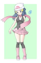  absurdres arm_behind_back beanie black_tank_top blue_eyes blue_hair blush boots closed_mouth collarbone commentary_request dawn_(pokemon) eyelashes female full_body hair_ornament hat highres long_hair over-kneehighs pink_footwear pink_scarf pink_skirt pokemon pokemon_(anime) pokemon_dppt_(anime) scarf skirt smile socks solo standing tank_top tax2rin thighhighs two-tone_background white_hat 