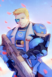  &gt;_o 1boy armor bara black_gloves blonde_hair blue_eyes blue_jacket chest_armor closed_mouth day falling_petals gloves gun holding holding_gun holding_weapon jacket long_jacket looking_at_viewer male_focus muscular muscular_male one_eye_closed open_clothes open_jacket outdoors outstretched_arm overwatch overwatch_1 petals pevi reaching reaching_towards_viewer scouter short_hair single_shoulder_pad sky smile soldier:_76_(overwatch) solo strike_commander_morrison vambraces weapon 