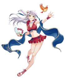  animal bare_shoulders bikini bikini_skirt bird blush bow bowtie bracelet breasts clam_shell cleavage female fire_emblem fire_emblem:_radiant_dawn fire_emblem_heroes flower flying frilled_bikini frills full_body gem gold_trim hair_flower hair_ornament hand_up haru_(hiyori-kohal) hibiscus highres holding jewelry long_hair looking_away medium_breasts micaiah_(fire_emblem) micaiah_(summer)_(fire_emblem) navel non-web_source official_art parted_lips pearl_(gemstone) sandals shiny_skin skirt smile sparkle swimsuit thighs toeless_footwear toes transparent_background white_hair yellow_eyes yune_(fire_emblem) 