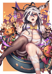  antenna_hair bandage_over_one_eye bandaged_arm bandaged_head bandaged_leg bandages black_gloves black_hair bow bowtie breasts brown_pantyhose candy cleavage commentary danua draph female fingerless_gloves food gloves granblue_fantasy gretel_(granblue_fantasy) hair_between_eyes halloween hansel_(granblue_fantasy) highres horn_ornament horns jack-o&#039;-lantern large_breasts long_hair looking_at_viewer oopartz_yang open_mouth panties pantyhose pointy_ears pot purple_hair purple_nails red_eyes scythe single_glove skindentation solo star_(symbol) underwear white_panties yellow_bow yellow_bowtie 