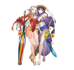  2girls absurdres adjusting_clothes adjusting_headwear altina_(fire_emblem) altina_(summer)_(fire_emblem) armpits banana beach_umbrella blue_eyes blue_hair bracelet breasts capelet casual_one-piece_swimsuit cleavage closed_umbrella clothing_cutout coconut commentary_request covered_navel crossed_legs edelgard_von_hresvelg edelgard_von_hresvelg_(summer) feet fire_emblem fire_emblem:_radiant_dawn fire_emblem:_three_houses fire_emblem_heroes flower food footwear_flower frilled_one-piece_swimsuit frills fruit gold_trim grey_hair hair_flower hair_ornament halterneck hand_up hat hat_flower hibiscus high_heels highleg highleg_swimsuit highres holding inflatable_sword inflatable_toy jewelry kakage legs long_hair looking_at_viewer low-tied_long_hair medium_breasts multiple_girls navel navel_cutout necklace off-shoulder_one-piece_swimsuit off_shoulder official_art one-piece_swimsuit orange_flower parted_bangs parted_lips planted planted_umbrella purple_eyes red_one-piece_swimsuit sandals sarong see-through shiny_skin smile standing strappy_heels swimsuit thighs toes umbrella umbrella_flower very_long_hair watson_cross white_background white_flower yellow_flower 