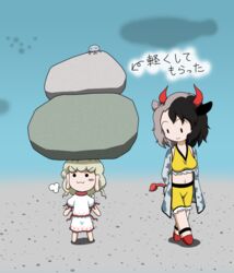  2girls :3 animal_ears animal_print arms_behind_back black_hair chibi commentary_request cow_ears cow_horns cow_print cow_tail crop_top dress ebisu_eika grey_hair haori horns jacket japanese_clothes jellyfish looking_at_another looking_at_viewer multicolored_hair multiple_girls navel object_on_head open_clothes open_jacket puff_of_air rakugaki-biyori red_footwear red_horns red_tail rock rock_balancing shorts smug solid_circle_eyes solid_oval_eyes split-color_hair standing tail touhou translated two-tone_hair ushizaki_urumi walking white_dress yellow_shorts 