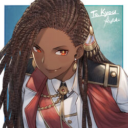  adramelekh_(sol_invictus) black_hair border commentary commission dark_skin dreadlocks earrings epaulettes female hair_ornament ivris jewelry leaning_forward long_hair medal necktie red_eyes sash shoulder_sash signature skeb_commission smile smirk sol_invictus solo uniform upper_body 