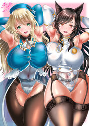  2girls alternate_costume alternate_legwear animal_ears armpits arms_behind_head atago_(azur_lane) atago_(kancolle) azur_lane black_hair blonde_hair blue_headwear blush breast_press breasts brown_hair crossover curvy dated garter_belt gradient_hair green_eyes hair_between_eyes happy hat highleg highres historical_name_connection huge_breasts kantai_collection kasugano_tobari long_hair looking_at_viewer multicolored_hair multiple_girls name_connection navel no_pants pantyhose pink_background see-through shiny_clothes shiny_skin signature smile stomach teeth thick_thighs thighs tongue turtleneck very_long_hair wide_hips wolf_ears 