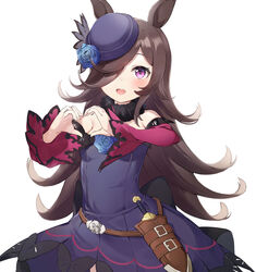  :d animal_ears blue_flower blue_rose blush breasts brown_hair commentary cowboy_shot dagger dress female flower fur_collar hair_over_one_eye hat hat_flower heart heart_hands highres horse_ears horse_girl knife long_hair long_sleeves looking_at_viewer mint_(psmin30) off-shoulder_dress off_shoulder open_mouth pink_eyes purple_dress purple_hat red_sleeves rice_shower_(umamusume) rose sheath sheathed small_breasts smile solo symbol-only_commentary umamusume weapon white_background 