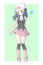  absurdres arm_behind_back beanie black_tank_top blue_eyes blue_hair blush boots closed_mouth collarbone commentary_request dawn_(pokemon) eyelashes female full_body hair_ornament hat highres long_hair over-kneehighs pink_footwear pink_skirt pokemon pokemon_(anime) pokemon_dppt_(anime) skirt smile socks solo standing tank_top tax2rin thighhighs two-tone_background white_hat 