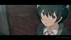  artist_name black_hair bob_cut close-up commentary_request dress_shirt female garage hair_between_eyes highres jacket kemuri_haku letterboxed neck_ribbon open_mouth original outdoors overhead_door purple_eyes rain red_ribbon ribbon school_uniform shirt short_hair solo title title_page translated twitter_username white_shirt 