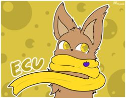  absurd_res anthro ecu_(character) flying_squirrel fur half-length_portrait hi_res hidden_mouth looking_away male mammal mostly_nude ninjachu portrait rodent scarf scarf_only sciurid simple_background solo star_in_pupils starry_eyes tan_body tan_fur text yellow_background yellow_eyes yellow_scarf 