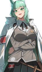  :d absurdres animal_ear_fluff animal_ears arknights bad_id bad_pixiv_id black_skirt breasts cardigan cat_ears chinese_commentary coat coat_on_shoulders commentary crossed_arms female green_eyes green_hair grey_cardigan harmonie_(arknights) highres large_breasts long_hair long_sleeves looking_at_viewer open_mouth pleated_skirt shirt simple_background skirt smile solo soranoki very_long_hair white_background white_coat white_shirt 