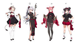  4girls absurdres ahoge black_footwear black_hair black_legwear black_shirt bow bow_(music) bracelet brown_bow brown_dress brown_skirt chinese_commentary closed_mouth commentary cymbals double_bun dress elf erhu full_body gong green_eyes grey_hair hair_bun hairbow hands_on_own_hips head_tilt high-waist_skirt highres holding holding_instrument incredibly_absurdres instrument jewelry long_hair long_sleeves multiple_girls original pantyhose pink_hair pointy_ears ponytail puffy_shorts red_eyes red_shorts shirt shisantian shoes short_shorts short_sleeves shorts sidelocks simple_background skirt smile socks standing suona thighhighs v-shaped_eyebrows very_long_hair white_background white_legwear white_shirt 