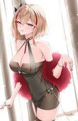  azur_lane bangle bare_shoulders between_breasts blonde_hair bracelet breasts brown_dress brown_eyes cleavage collarbone commentary cowboy_shot crossed_bangs dress feather_boa female hair_between_eyes hair_ornament halter_dress halterneck hand_up highres jewelry large_breasts multicolored_hair naga_(pixiv70891418) nail_polish official_alternate_costume parted_lips pelvic_curtain red_nails roon_(azur_lane) roon_(viridescent_lullaby)_(azur_lane) short_hair sidelocks smile solo streaked_hair thighhighs thighs tight_clothes tight_dress 