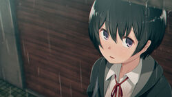  black_hair bob_cut close-up commentary_request dress_shirt female garage hair_between_eyes highres jacket kemuri_haku neck_ribbon open_mouth original outdoors overhead_door purple_eyes rain red_ribbon ribbon school_uniform shirt short_hair solo white_shirt 