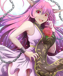  bare_shoulders blush brown_tabard chains commentary_request cuffs dress female fingernails flower highres horns ibaraki_douji_(touhou) kisaragi_koushi long_hair looking_at_viewer nail_polish oni oni_horns pink_eyes pink_hair red_flower red_nails red_rose rose shackles sharp_fingernails sleeveless sleeveless_dress solo tabard touhou very_long_hair white_dress 