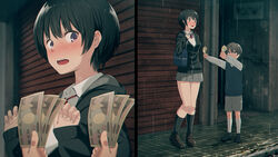  1boy age_difference bag black_footwear black_hair black_jacket black_legwear blush bob_cut brown_footwear brown_hair close-up collared_shirt commentary_request dress_shirt embarrassed female full_body garage grey_shorts hair_between_eyes hands_up highres holding holding_money jacket kemuri_haku kneehighs loafers long_sleeves looking_at_another looking_at_viewer looking_up money neck_ribbon onee-shota open_mouth original outdoors outstretched_arms overhead_door prostitution purple_eyes rain red_ribbon ribbon school_uniform shirt shoes short_hair shorts shoulder_bag sidewalk sleeves_past_wrists socks straight sweater_vest white_shirt white_socks 