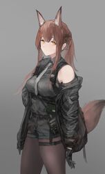  absurdres animal_ears arknights bare_shoulders black_gloves black_jacket black_shirt black_shorts breasts brown_hair collared_shirt commentary cowboy_shot extra_ears female fox_ears fox_girl fox_tail franka_(arknights) gloves grey_background grey_necktie highres jacket long_hair looking_at_viewer medium_breasts necktie off_shoulder official_alternate_costume open_clothes open_jacket pantyhose pantyhose_under_shorts ponytail pouch shirt shorts sidelocks simple_background sleeveless sleeveless_shirt solo symbol-only_commentary tail thigh_strap thighs unitsu walkie-talkie yellow_eyes 