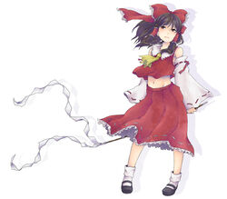  ascot batako_(artist) black_footwear bow brown_eyes brown_hair commentary detached_sleeves female full_body gohei hair_tubes hairbow hakurei_reimu holding mary_janes midriff navel red_bow ribbon shoes simple_background skirt skirt_set solo touhou white_background white_legwear yellow_ascot 