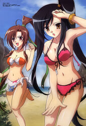  2girls absurdres armpits bachou beach bikini breasts cleavage day floral_print high_ponytail highres hiratsuka_tomoya imageboard_desourced kan&#039;u_(koihime_musou) koihime_musou long_hair magazine_scan medium_breasts megami_magazine midriff multiple_girls navel non-web_source official_art outdoors ponytail sarong scan side-tie_bikini_bottom swimsuit white_sarong 