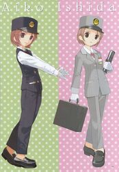  alternate_costume blazer briefcase brown_hair buttons crossed_legs female full_body gloves green_eyes hat high_heels highres ishida_aiko jacket lipstick loafers looking_at_viewer looking_back makeup mibu_natsuki name_tag notebook odakyu_electric_railway official_art outstretched_arms pants peaked_cap profile ribbon scan shoes short_hair smile standing stretching tetsudou_musume train_attendant travel_attendant uniform vest watson_cross white_gloves 