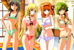  4girls :o ahoge aqua_eyes arm_behind_back ass_visible_through_thighs asymmetrical_hair blonde_hair blue_eyes bow bow_bra bow_panties bra clenched_hand closed_mouth contrapposto cowboy_shot curtains flat_chest flipped_hair frilled_bra frilled_panties frills front-tie_top fuyou_kaede green_bra green_hair green_panties grey_hair grin groin hair_ribbon hairband hairbow hand_on_own_hip head_tilt heterochromia hosoda_naoto indoors jpeg_artifacts kareha lace lace-trimmed_bra lace-trimmed_panties lace_trim legs_apart legs_together light_smile lineup lingerie long_hair looking_at_viewer mayumi_thyme megami_magazine multiple_girls narrow_waist navel official_art orange_hair panties parted_bangs parted_lips plant pointy_ears potted_plant purple_eyes raised_eyebrows red_bra red_panties ribbon ribbon-trimmed_bra ribbon-trimmed_panties ribbon_trim rug scan shigure_asa short_hair short_hair_with_long_locks shuffle! side-tie_panties sidelocks smile standing thigh_gap tile_floor tiles tress_ribbon underwear underwear_only very_long_hair white_panties window 