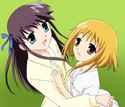  2girls absurdres blue_eyes brown_eyes fruits_basket hair_ribbon highres honda_tohru long_hair multiple_girls orange_hair ribbon shirt short_hair souma_kisa vector_trace 