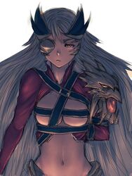  aldra_(queen&#039;s_blade) belt_bra breasts eyepatch female fumio_(rsqkr) large_breasts long_hair midriff queen&#039;s_blade queen_aldra revealing_clothes silver_hair solo underboob 