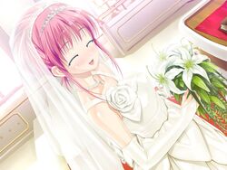  bare_shoulders blue_eyes blush bridal_veil bride crown dress elbow_gloves female flower game_cg gloves happoubi_jin hat jewelry kanojo_x_kanojo_x_kanojo necklace orifushi_akina pink_hair smile solo veil wedding_dress 