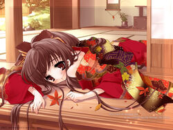  2003 autumn bare_shoulders blush bow brown_eyes brown_hair english_text expressionless female floral_print garden hair_in_own_mouth hairbow indoors interior ito_noizi japanese_clothes kimono komorebi_ni_yureru_tamashii_no_koe leaf long_hair looking_at_viewer lying maple_leaf off_shoulder ponytail porch red_kimono ribbon sliding_doors solo sui_(komorebi) tatami very_long_hair yukata 