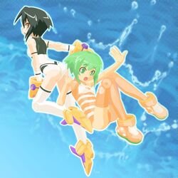  2girls animal_hands black_hair busou_shinki doll_joints gloves green_eyes green_hair howling_(busou_shinki) joints looking_at_another looking_back maochao multiple_girls oerba_yun_fang open_mouth orange_eyes paw_gloves profile short_hair swimsuit thighhighs ugai_yuichi yellow_eyes 