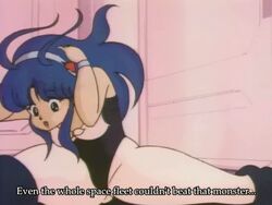  1980s_(style) anime_screenshot antenna_hair arms_behind_head athletic_leotard black_eyes black_leotard blue_hair bracelet breasts cream_lemon english_text feet_out_of_frame female hairband highleg highleg_leotard indoors jewelry leg_warmers leotard long_hair looking_down lossy-lossless medium_breasts open_mouth pantyhose parted_bangs ran_(cream_lemon) retro_artstyle sidelocks solo split star_trap stretching subtitled thick_thighs thighs white_pantyhose 