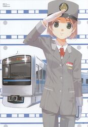  arm_up blazer brown_hair buttons female flat_chest gloves green_eyes hat highres ishida_aiko jacket looking_at_viewer mibu_natsuki name_tag necktie notebook odakyu_electric_railway official_art pants peaked_cap salute short_hair smile solo standing tetsudou_musume thigh_gap train train_attendant translated travel_attendant uniform white_gloves 