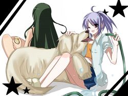  2girls artist_request asougi_rin canine drink green_hair happy hose light_purple_hair long_hair mimi_(mnemosyne) mnemosyne multiple_girls one_eye_closed ponytail purple_eyes purple_hair sitting skirt star_(symbol) water 